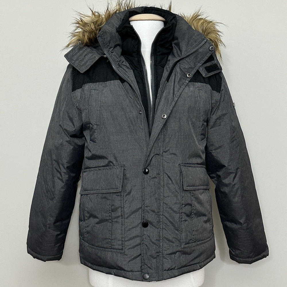 English Laundry Womens Jacket L Charcoal Gray Puffer Hooded Faux Fur Parka READ